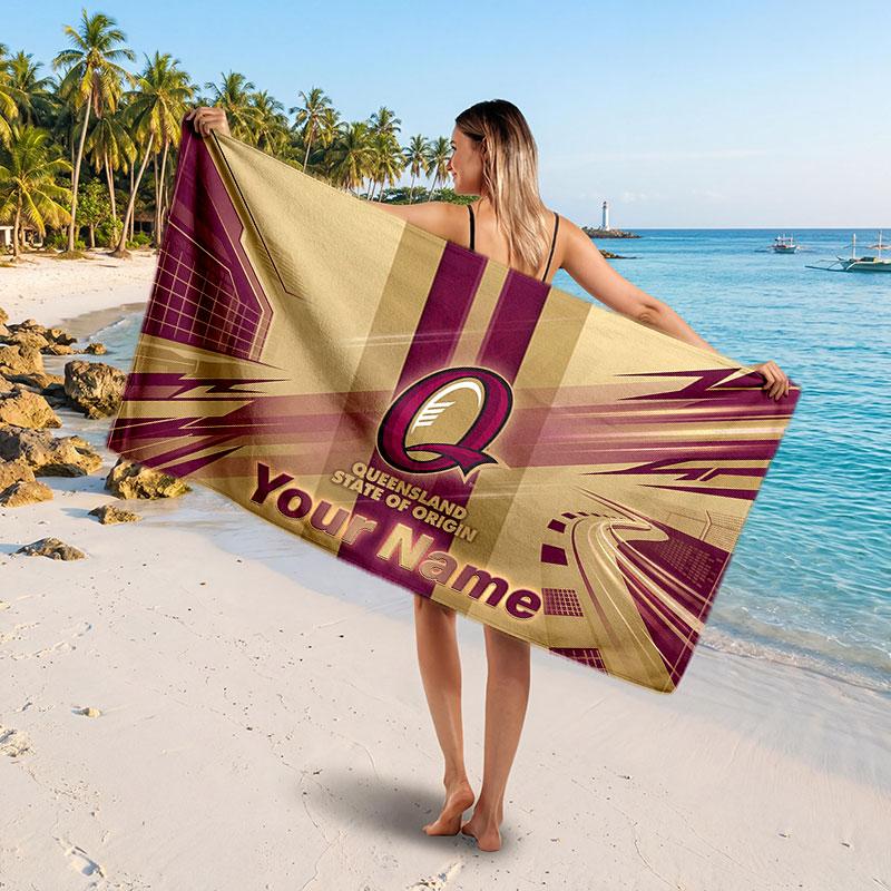 Queensland Maroons Customized Name Text Beach Towel, Soft Absorbent Towel Beach Pool Travel Personal Gift