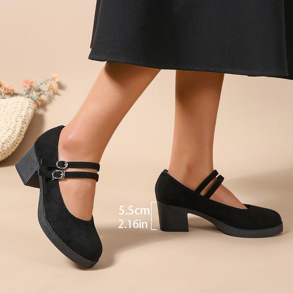 Spring and Autumn Retro Small Leather Shoes Fashionable Suede One-line Buckle Strap Thick-heeled Women's Shoes