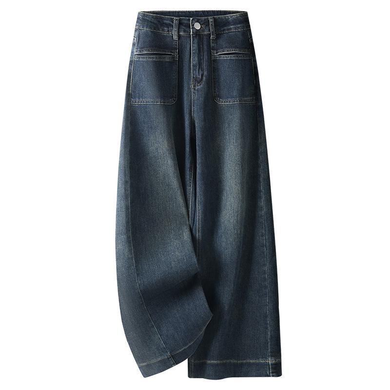 Jeansi evazați cu talie înaltă pentru femei 2024, albaștri, căptușiți cu fleece: Toamnă/Iarnă Largi cu Picior Lat Până la Podea