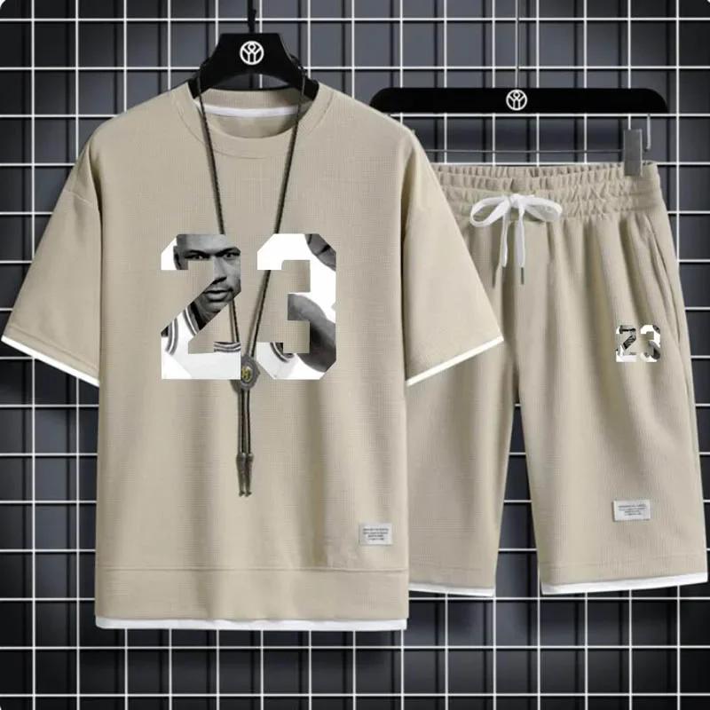 Set de pantaloni scurți pentru bărbați cu imprimeu waffle, 2 articole sport largi, stil Harajuku, modă de vară