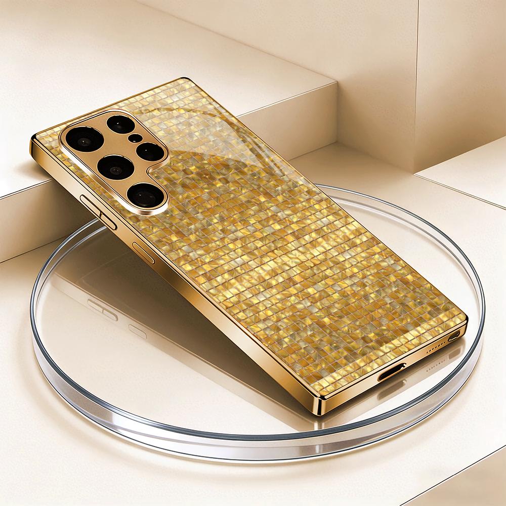 Golden mosaic electroplated glass phone case suitable for Samsung Galaxy S26 S25 S24 S23 S22 S20 FE/Ultra/Plus anti drop
