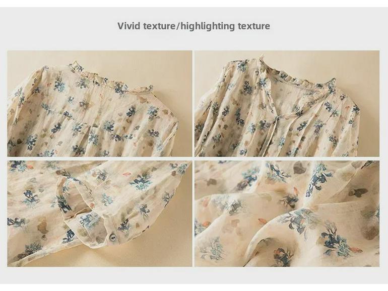 Sommerliches Ramie-Leinenhemd mit Blumenmuster und Ohrkragen