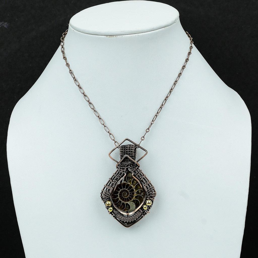 Ammonite Fossil Pendant Copper Wire Wrapped Gemstone Jewelry Copper Pendant Ethnic Jewelry Handmade Pendant Wire Wrap Pendant Gift For Women