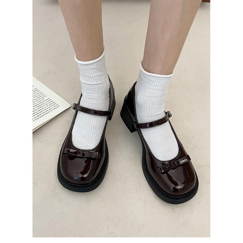 Lack-Mary-Jane-Schuhe Damen klobiger Absatz runde Spitze Schnallenriemen mit Schleife Freizeitschuhe