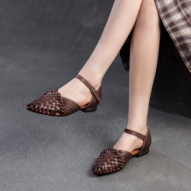 Fashion GKTINOO 2025 Summer New Retro Hand Woven Genuine Leather Flat Sandals Breathable Buckle Commuting Women's Shoes