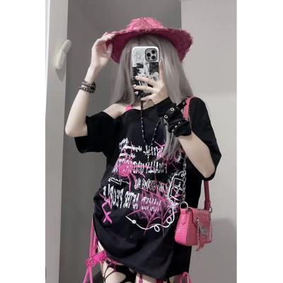 Camiseta de Manga Larga con Cuello Redondo y Vendajes para Mujer Estilo Gótico Cool Y2k Estética Jersey Chic Estampado de Cómic Harajuku Top Moda Hip Hop Cadena Ropa Femenina