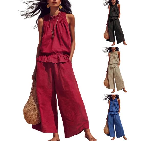 2 Stück/Set Sommer Damen Outfit Western-Stil Vintage Bohemian Rüschen Baumwoll-Leinen Anzug Mode Lockerer Anzug