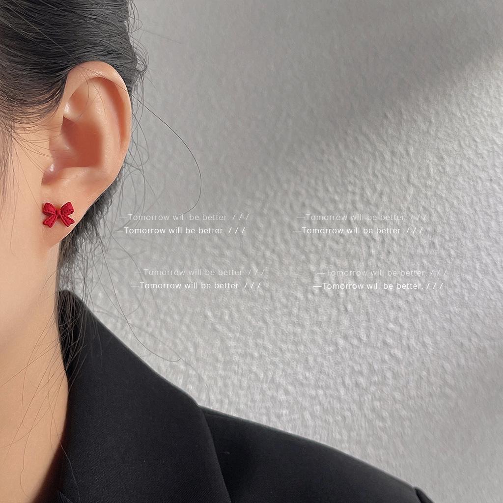 Christmas Red Bow Stud Earrings for Women - Japanese Korean Sweet Girlish Style New Year Accessories