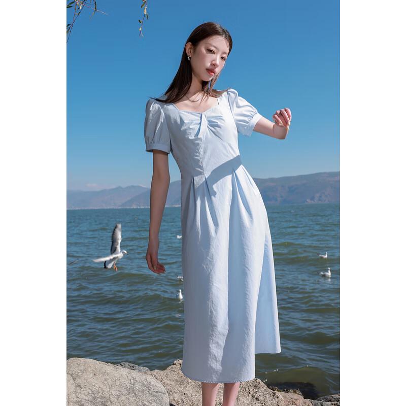 

Sancai Plus Size Sky Blue Square Neck Puff Sleeve Midi Dress L
