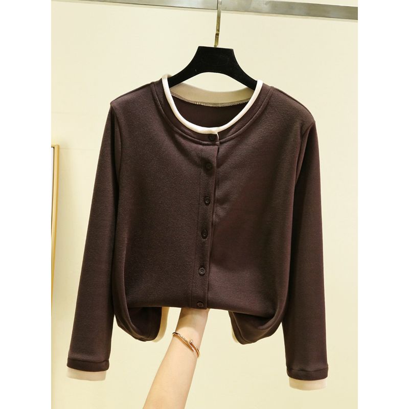 Double-sided Dralon Cardigan Top Long sleeve All-Matching Women Casual Age-Reducing Outerwear Loose Slimming round Neck Home Wear Top