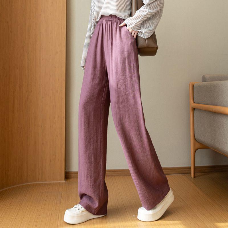 Women Elastic High Waist Linen Wide Leg Long Pants Loose Casual Floor Length Trousers with Pockets Summer Daily Vacation Soft Pants