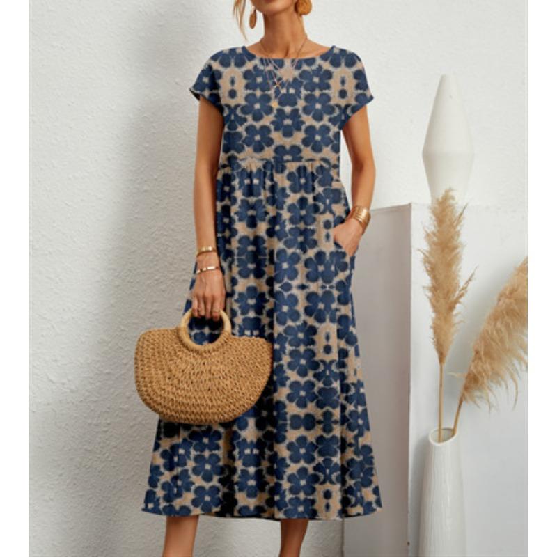 YYFS Women's Fashion Summer Spring Flower Pattern Print Short Sleeve O-Neck Loose Waistlinet Casual Dresses1