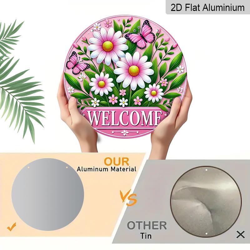 2D Flach, 1 Stück Charmantes Rosa Gänseblümchen & Schmetterling Willkommensschild - Runde Aluminium Türdekoration mit Lebendigem Blumendesign, Perfekt für Haus- & Garteneingang
