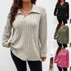 Autumn Winter Large Size Women's Solid Color Tops V-shaped Lapel Collar Pit Striped Brushed Long Sleeve T-shirt