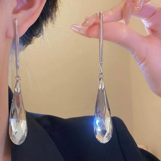 Elegant Glass Water Drop Silver Needle Earrings - High-End, Fashionable, Statement Jewelry for Women