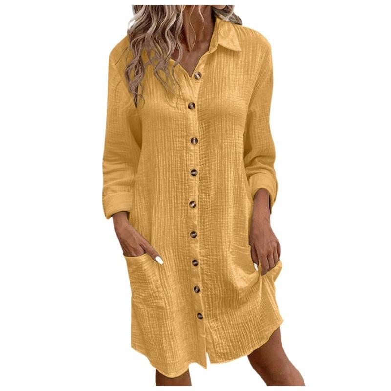 Women S Solid Cotton Linen Long Sleeve Mid Length Shirt Dress Casual