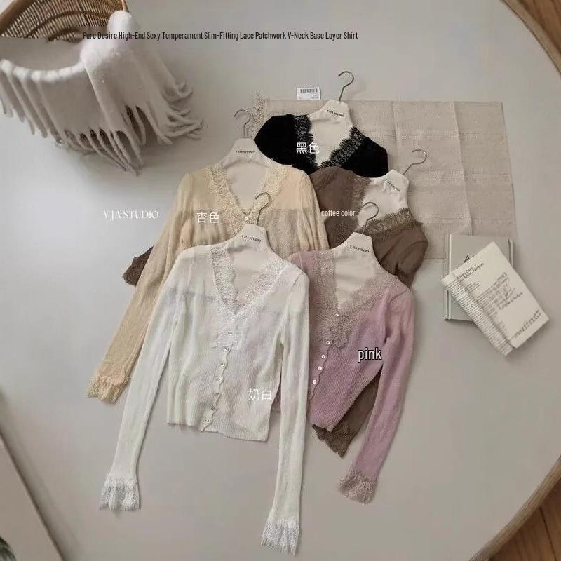 Black Slim Fit V-Neck Lace Trim Cardigan - Women's Long Sleeve Spring Sweater Top