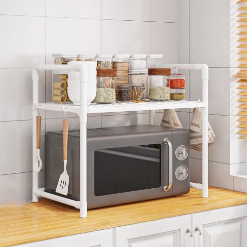 Microwave Shelf, Microwave Rack - Countertop Organization Rack, Adjustable Countertop Utility Storage Rack with Hooks for Kitchen