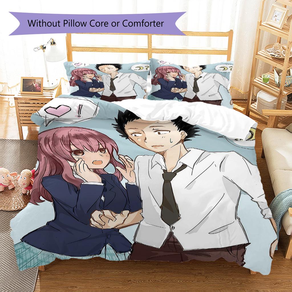 A Silent Voice Pattern Bedding,Quilt Set Quilt Cover Pillowcase Home Birthday Gift (1 * duvet cover + 2 * pillowcase, without core)