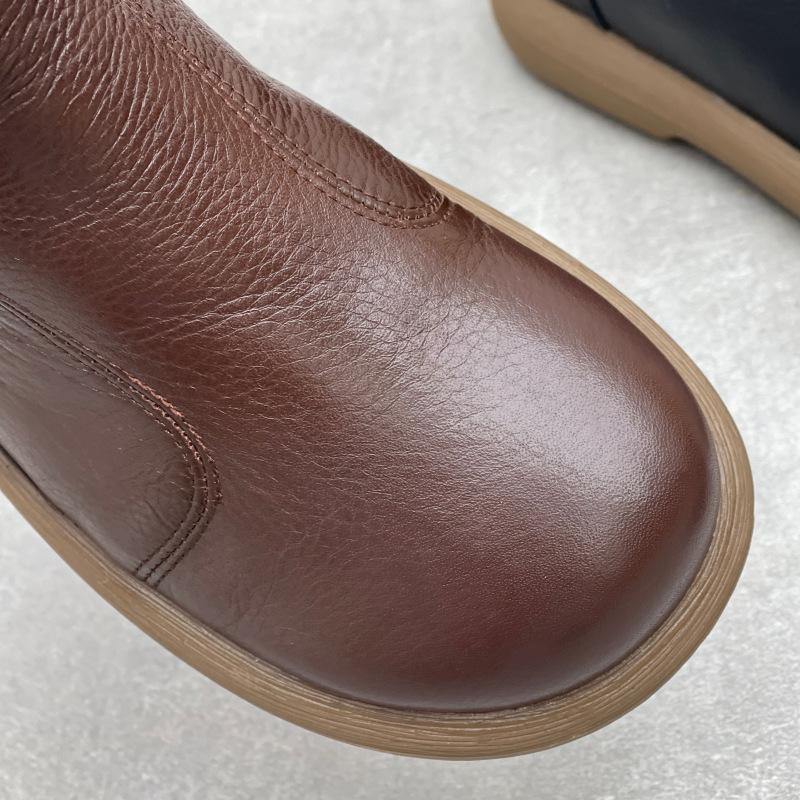 Johnature Genuine Leather Cotton Boots Handmade Retro Flat Round Toe Soft Cowhide Wool Women's Short Boots