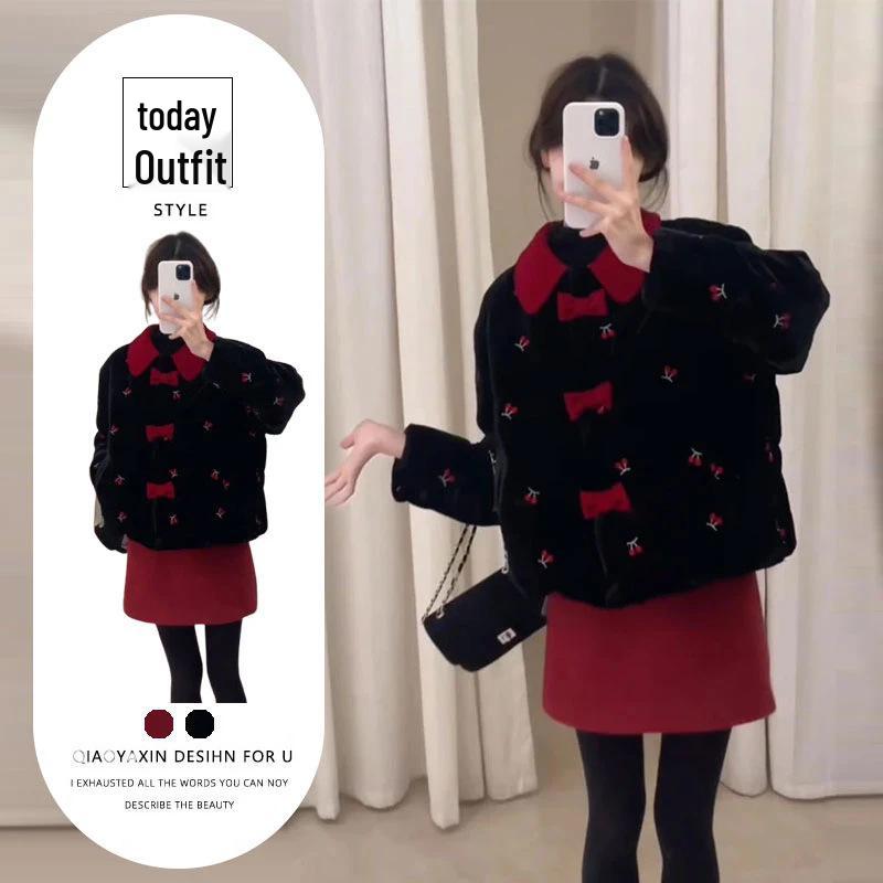

Mature Salt-Style Two-Piece Set: Chic Color-Block Coat & High-Waist Skirt - Autumn/Winter Design L [recommended for 105-115 lbs]