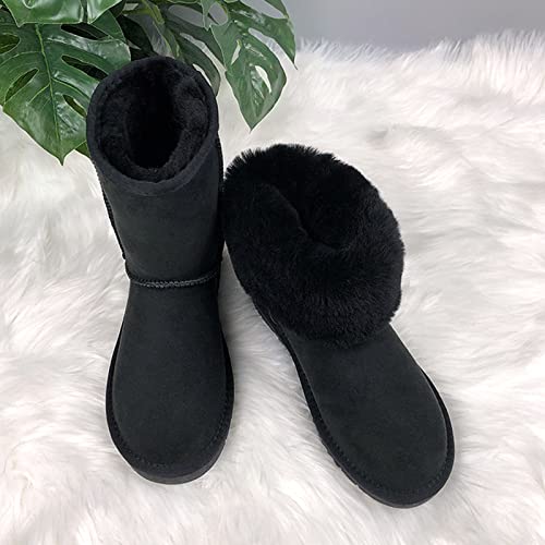 N Gaji Damen Lammfellstiefel, Echtes Rindsleder mit Schafwollfutter, Flauschige Wasserdichte und Rutschfeste Sohle, A22 (Schwarz, Größe 24.5)