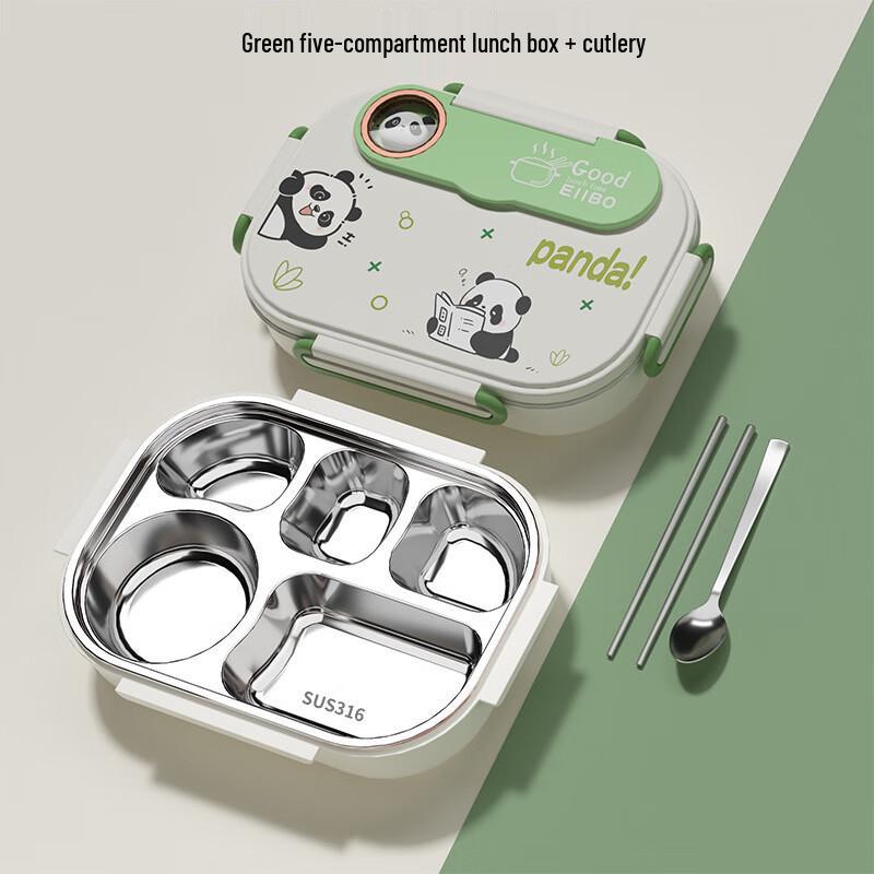 A1 Cartoon 316L Stainless Steel Divided Lunch Box Five Compartment Box + Cutlery Set
