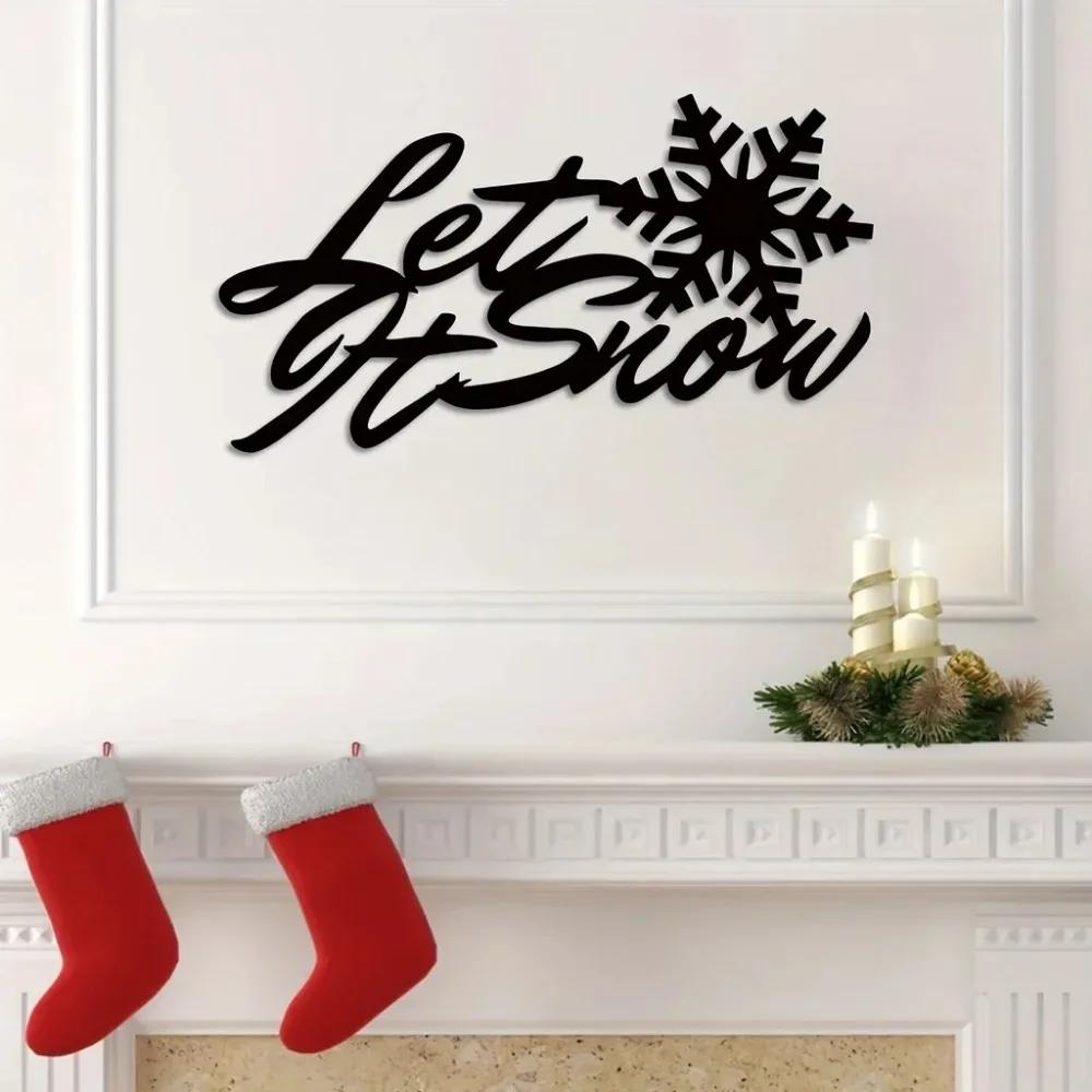 Let It Snow Metal Sign, Snowflake Text Metal Wall Art for Living Room, Front Door, Corridor Decor