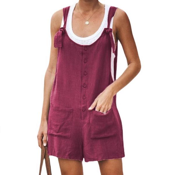 women's Linen Blend Tie Knot Strap Button Front Pocketed Loose Short Overalls Bib Shorts