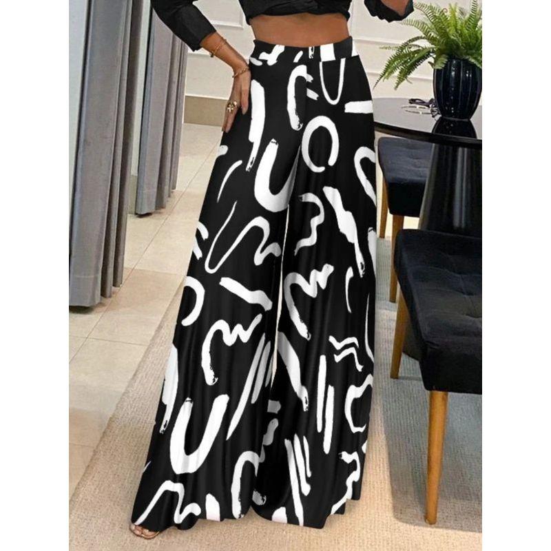 Color Blocking High Printed Wide Leg Pants Color Matching High Waist Loose Pants Women's