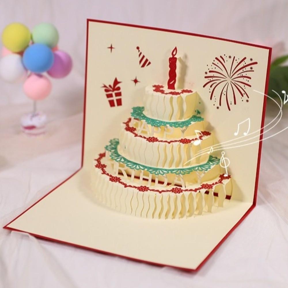 Paper 3D Birthday Cake Cards Music Function Musical Greeting Card for Boyfriend Girlfriend Friends