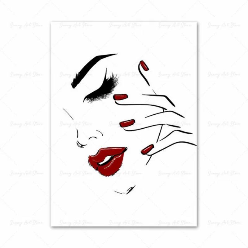 Fashion MakeUp Lipstick Mascara Nail Polish Canvas Painting Beauty Salon Poster Eyelash Red Lips Girl Wall Art Home Decor