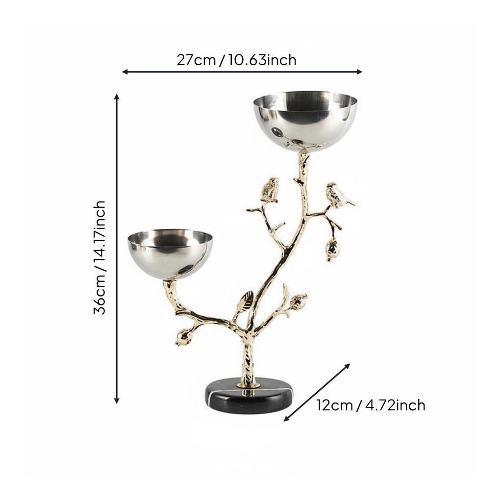 Bird On Branch Serving Bowl Abstract Art Design 2-Tier Fruit Stand Marble Base