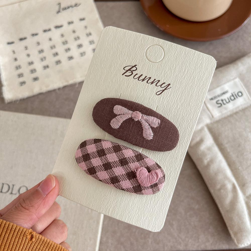 2pcs Pink Coffee Plaid Bow Hair Clip Hairpin Sweet Girl Love Bangs Side Clip Hairpin Children's Hairpin Kids Hair Accessories