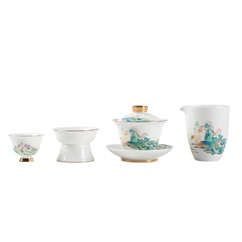 9-Piece Chinese Ceramic Gongfu Tea Set with Green Mountains & Clear Waters Design