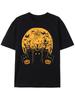 Men's Halloween Horror Print 100% Pure Cotton Short-sleeved T-shirt with a Glowing Black Cat Pumpkin Pattern In the Dark