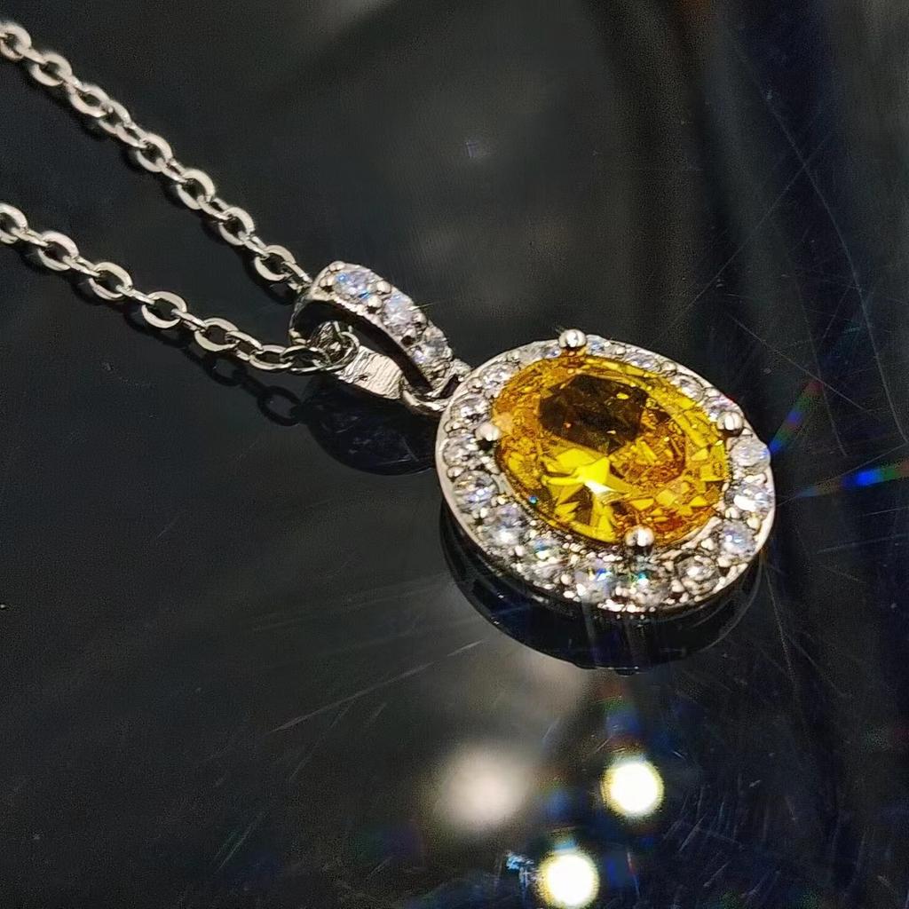 Imitation pigeon egg necklace, oval group inlaid zircon, synthetic yellow diamond, pink diamond pendant, collarbone chain