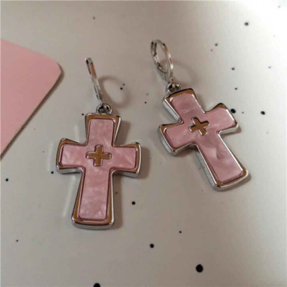 Korea Temperament Dopamine Pink Cross Heart Pendant Hoop Earrings for Women Gothic Hip-hop Party Stainless Steel Jewelry Gifts