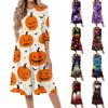 Women's Halloween Graphic Dress Casual Fashion Round Neck Three Quarter Sleeve Mid Length Dress with Wolf and Floral Print Suitable for Everyday Wear