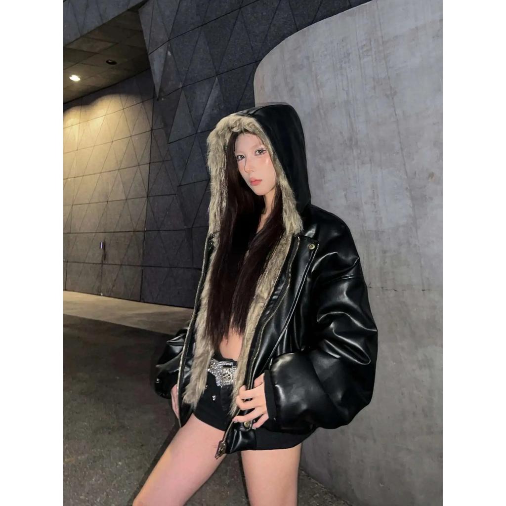 STREETRICH Pánské prošívané bundy Americký styl PU kůže Oboustranné Faux Fur Fleece Zesílené Jednobarevné Volné Pánské kabáty Trendy