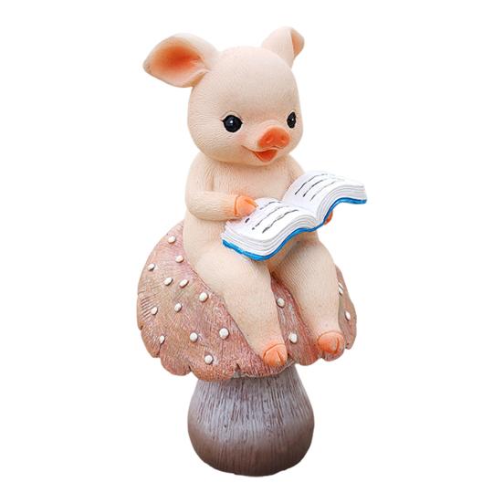 Animal On Mushroom Figurine Garden Resin Reading Pig Statue Knitting Rabbit Ornament for Fairy Garden Flowerpot Balcony Desk