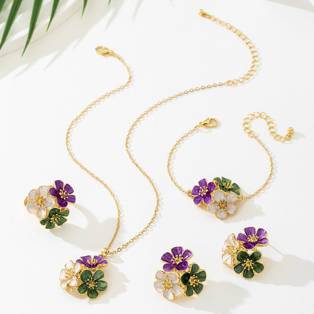 Vintage French Elegant Holiday Style Colored Dripping Flower Necklace Bracelet Temperament Jewelry Set Women
