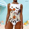 Women Plus Size High Round Neck Sleeveless One Piece Swimsuit White Halloween Ghost Pumpkin Print