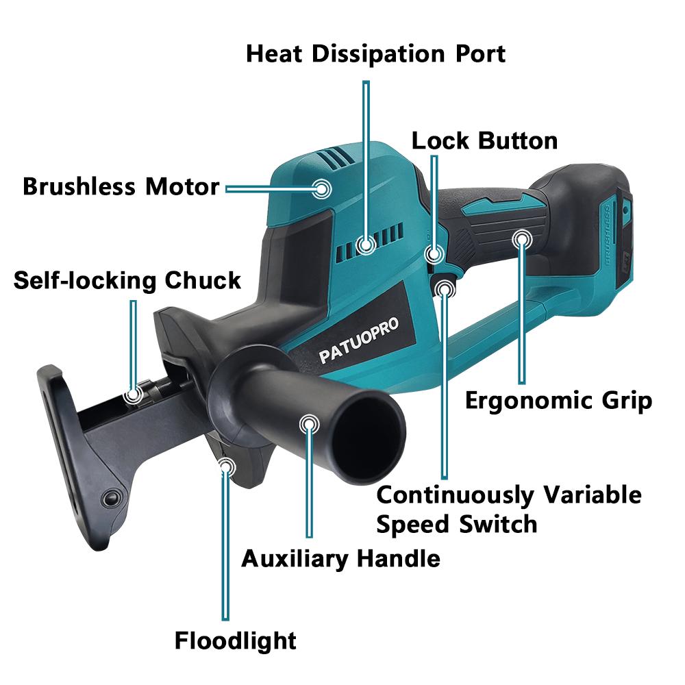 PATUOPRO Brushless Cordless Reciprocating Saw With 4pcs Saw Blades Cutting Wood Metal PVC Pipe Power Tool For Makita 18v Battery