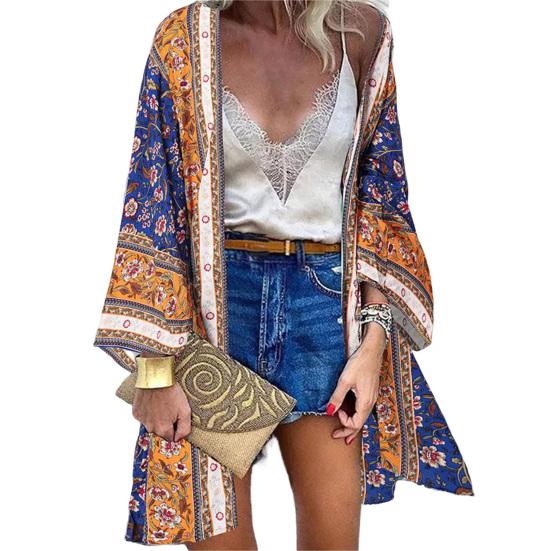 Women Cardigan Floral Print Batwing Sleeve Summer Bohemian Sun Protection Long Blouse for Daily Wear