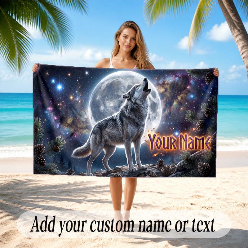 Wolf Theme Beach Towel Personalized Custom Name & Text Soft Quick Dry Beach Towel for Swimming Travel