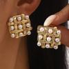 Geometric Square Woven Hollowed-Out Pearls Earrings for Women Ladies Bohemian Elegant Stud Earrings Holiday Jewelry Accessories