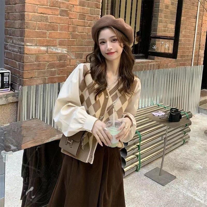 Fake Two Piece Diamond Plaid Splice Knitted Sweater Women Autumn Design Sensible Small Number Sweaters Layered with Cardigan Top