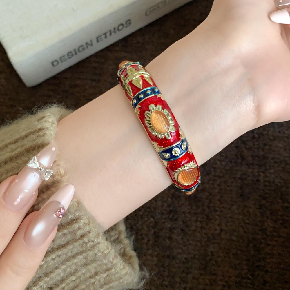 Enamel Floral Vintage Cloisonne Bangle Cat's Eye Stone Women's Hand Bracelet  Gifts for Women Girl