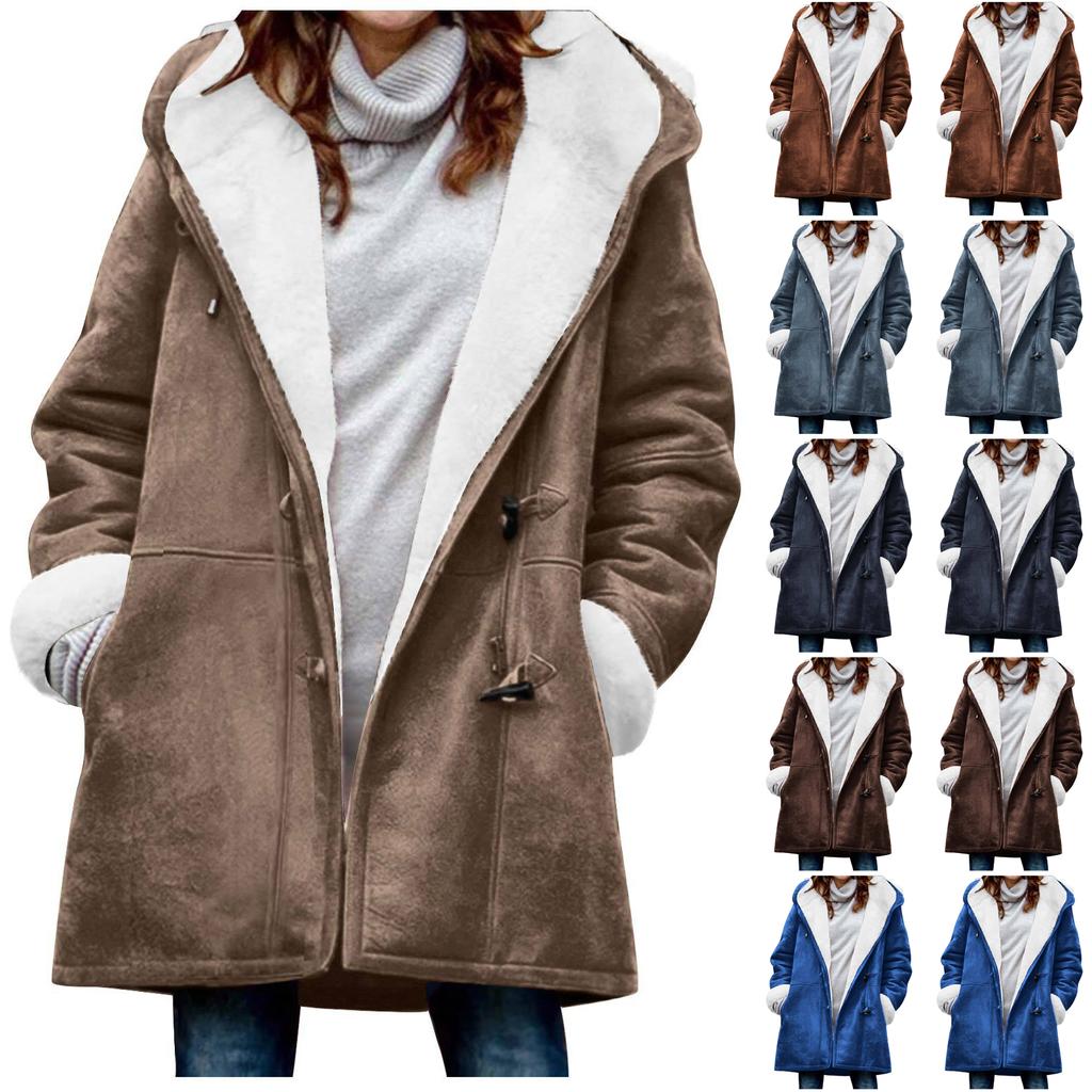 Women's Winter Coat Fleece Lined Jacket Long Sleeve Horn Button Plush Warm Coat